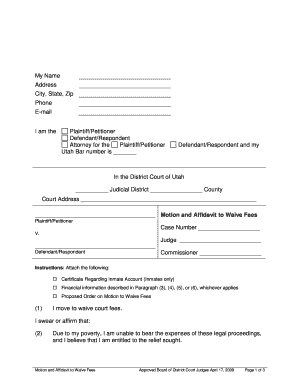 Utah Motion and Affidavit to Waive Fees