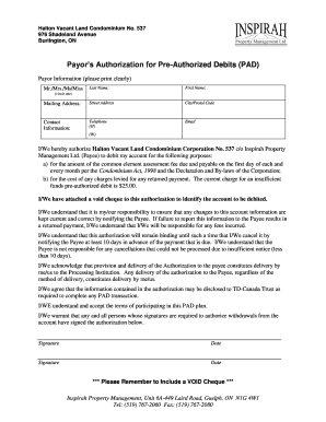 Payor’s Authorization for Pre-Authorized Debits (PAD)
