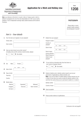Australia Work and Holiday Visa Application Form 1208