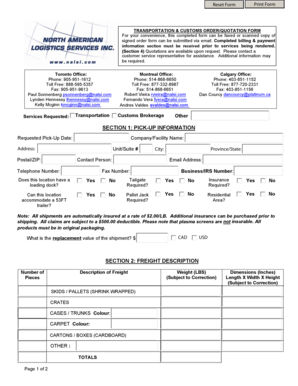 Transportation Customs Order Form