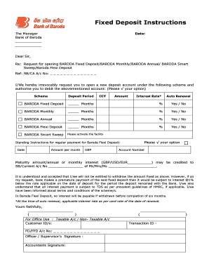 Bank of Baroda Fixed Deposit Request Form