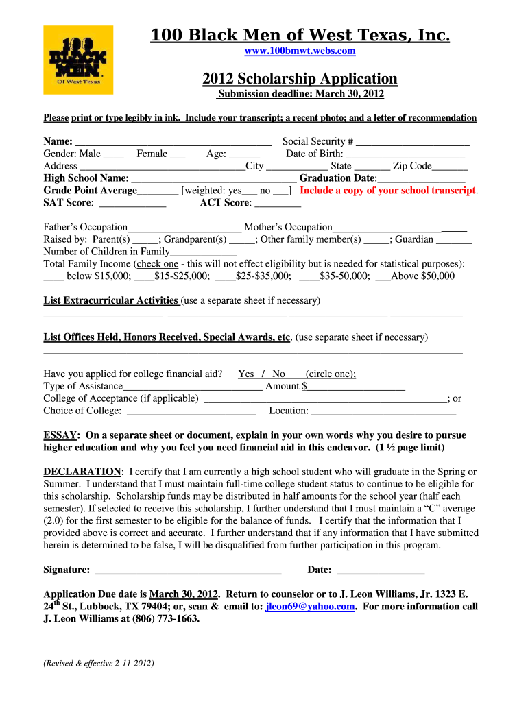 2012 scholarship form Preview on Page 1