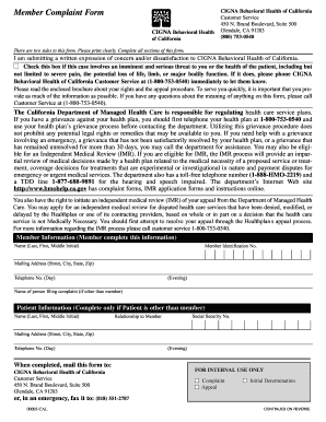 CIGNA Behavioral Health Member Complaint Form