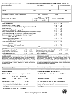 Putnam County Influenza Pneumococcal Immunization Consent Form