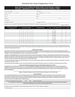 Plainfield Park District Registration Form