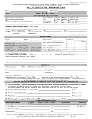 NYSED Health Certificate Appraisal Form