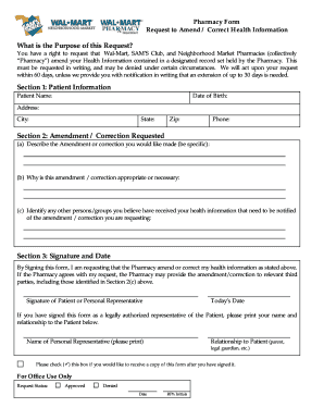 Pharmacy Health Information Amendment Request