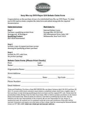 Sony Blu-ray DVD Player Rebate Claim Form