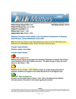 Related Change Request (CR) #: 3303 Related CR Release Date: June 18, 2004 Related CR Transmittal #: 210 Effective Date: October 1, 2004 Implementation Date: October 4, 2004 MLN Matters Number: MM3303 Medicare Contractor Annual Update of