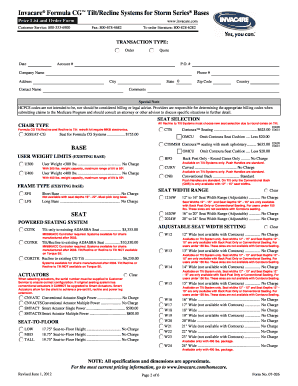 Invacare Formula CG Tilt/Recline Order Form