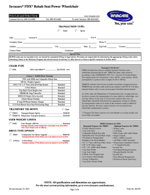 Invacare FDX Rehab Seat Power Wheelchair Order Form