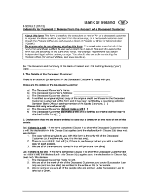 Indemnity for Payment of Monies From the Account of a Deceased Customer