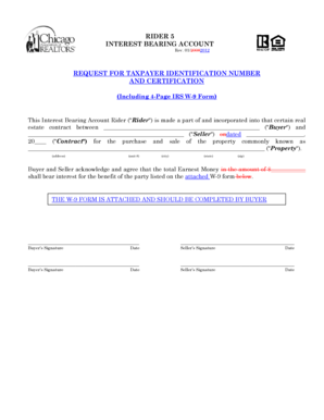 Interest Bearing Account Rider with W-9 Form