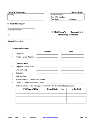 Minnesota Dissolution of Marriage Prehearing Statement