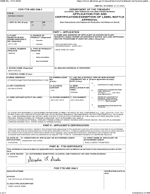 TTB ID Application for Certification/Exemption of Label/Bottle Approval