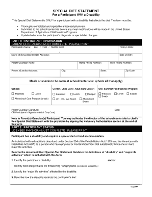 Special Diet Statement for Disabled Participants
