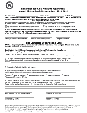 Richardson ISD Annual Dietary Special Request Form