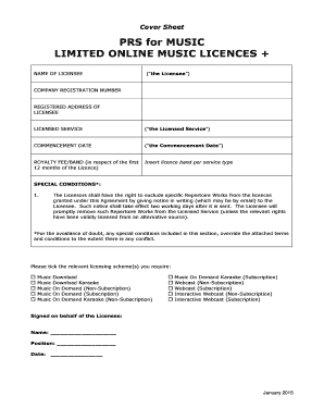 PRS for Music Online Licence Cover Sheet