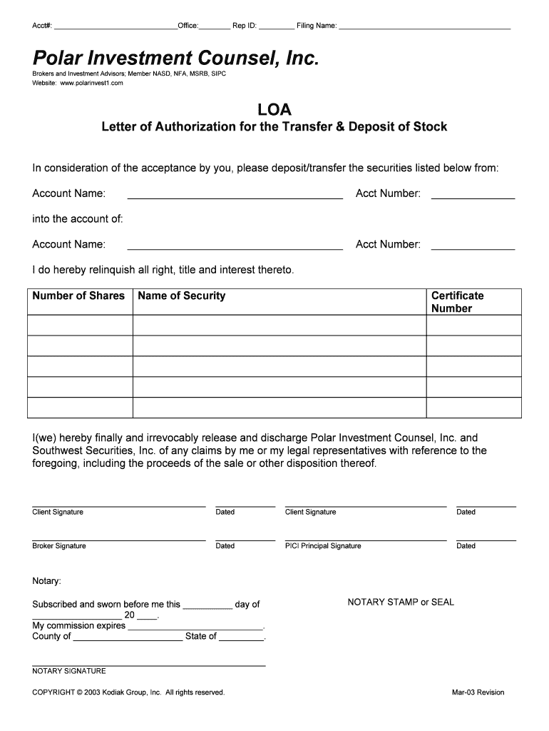 Fillable Online LOA for Transfer & Deposit of Stock Polar Investment