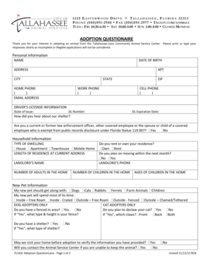 Tallahassee-Leon Animal Adoption Questionnaire
