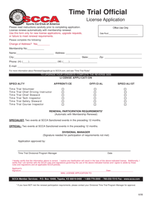 SCCA Time Trial Official License Application