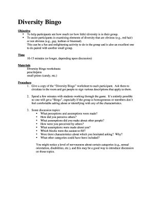 Diversity Bingo Activity Worksheet