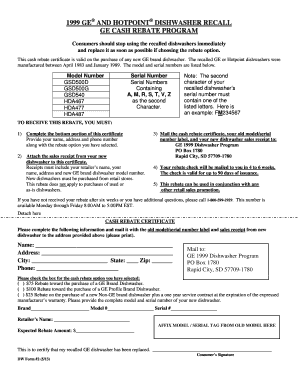 GE Dishwasher Cash Rebate Certificate