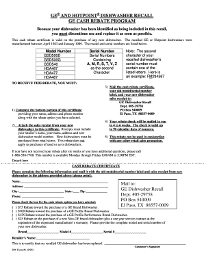 GE Dishwasher Recall Cash Rebate Certificate