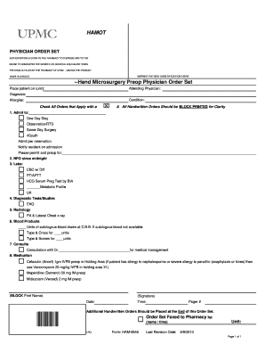 Hand Microsurgery Preop Physician Order Set