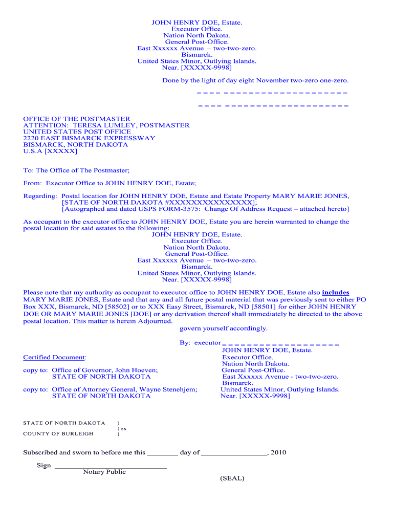 ND Executor Letter 2010 Complete Legal Document Online US Legal Forms