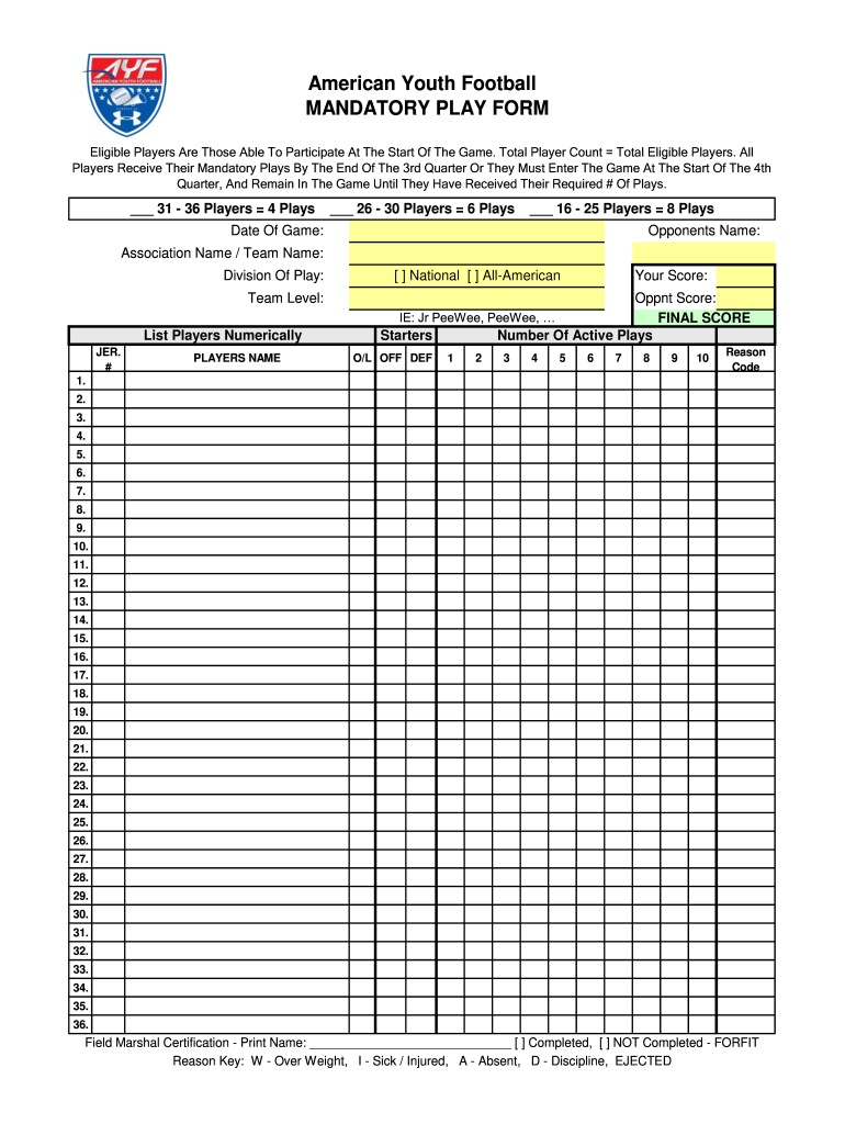 American Youth Football Mandatory Play Form - Fill and Sign Printable