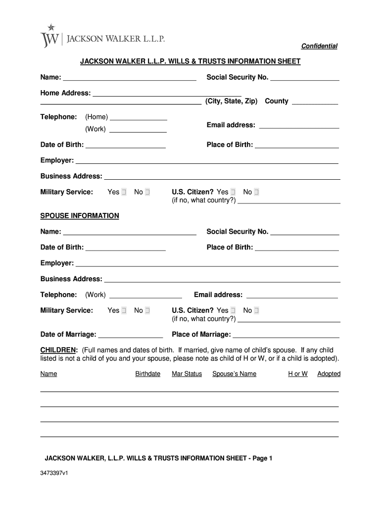 Fillable Online JACKSON WALKER LLP WILLS & TRUSTS INFORMATION SHEET