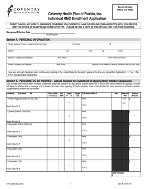 Coventry Health Plan Individual HMO Enrollment Application