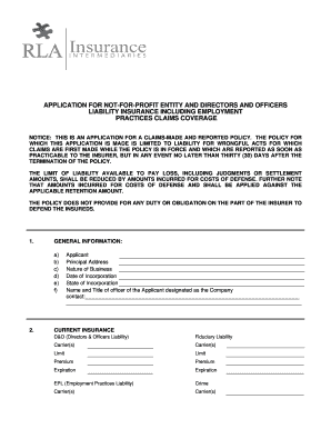 Application for Non-Profit Entity and Directors and Officers Liability Insurance