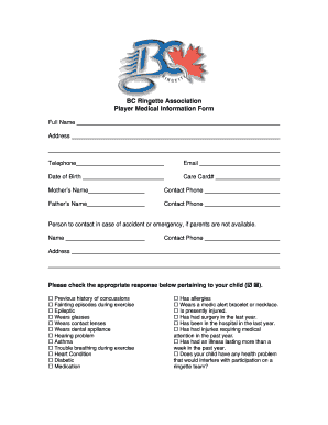 BC Ringette Association Player Medical Information Form