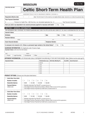 Celtic Short-Term Health Plan Application