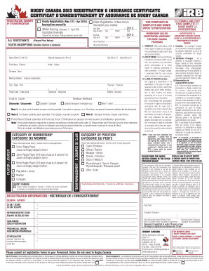 Rugby Canada 2013 Registration & Insurance Certificate
