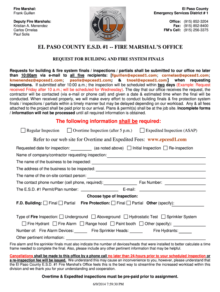 ESD #1 Inspection Request Form - El Paso County Emergency ... Preview on Page 1