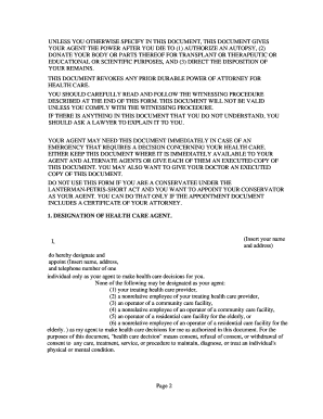 California Durable Power of Attorney for Health Care