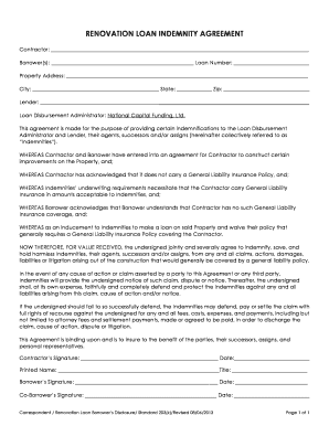 renovation loan indemnity agreement form