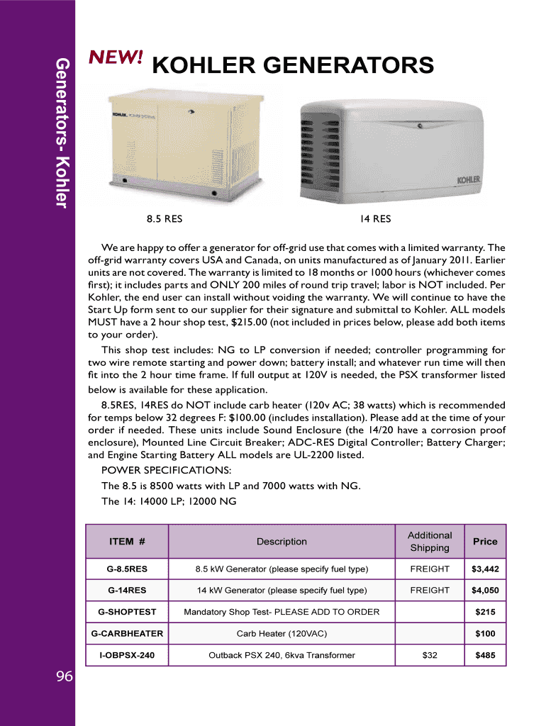 Fillable Online Generators Kohler Fax Email Print pdfFiller