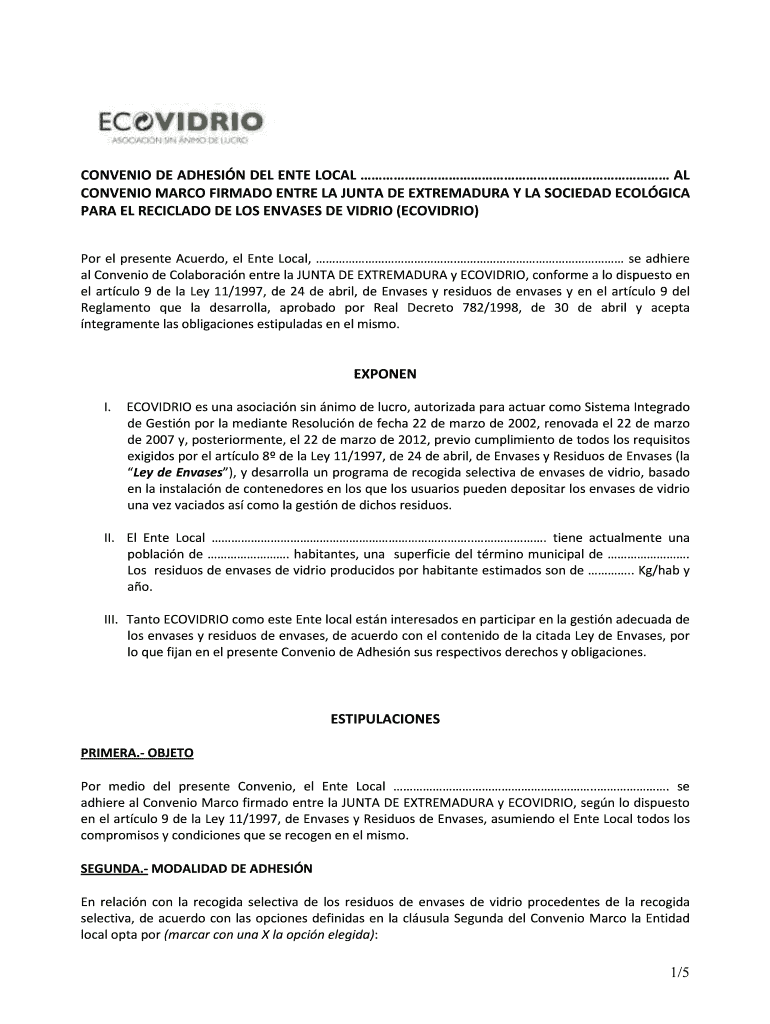 Modelo adhesin convenio ECOVIDRIO 2015 Vista previa en la página 1