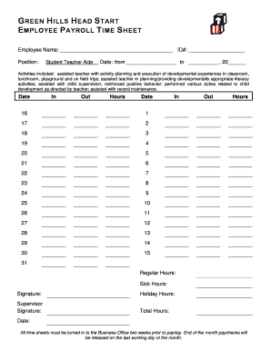 Suny time sheet - G REEN H ILLS H EAD S TART - greenhillsheadstart