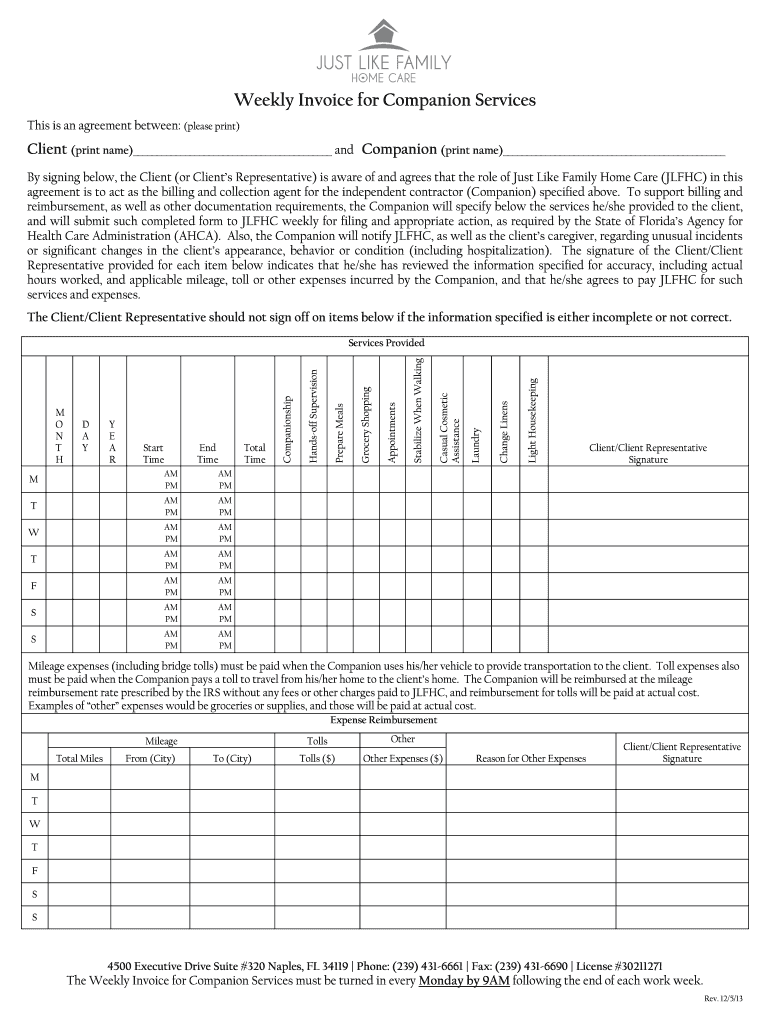 Weekly Invoice for Companion Services - Just Like Family Home Care Preview on Page 1.