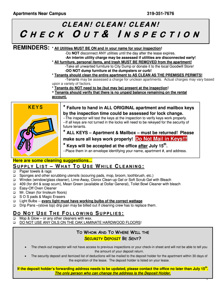 Fillable Online CLEAN CHECK OUT INSPECTION - Apartments Near Campus Fax ...