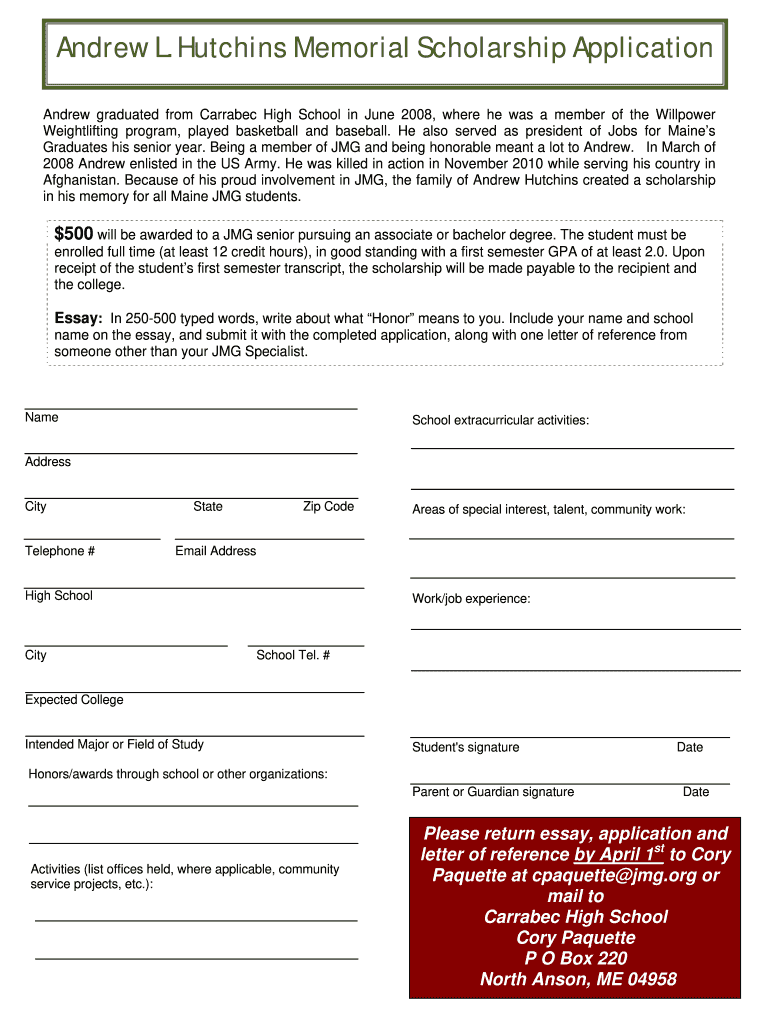 andrew hutchins scholarship application form Preview on Page 1