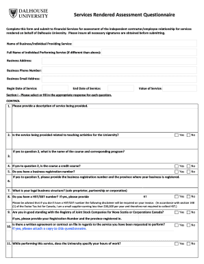 Contract for services rendered - Services Rendered Assessment bQuestionnaireb - Dalhousie University