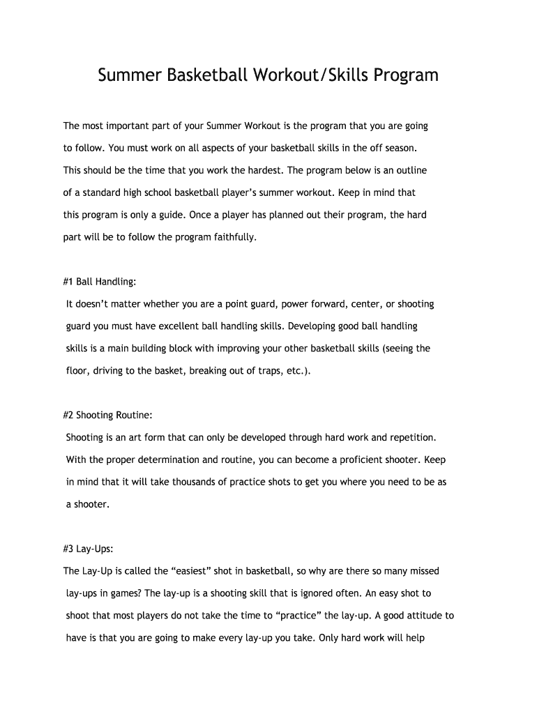 Fillable Online Summer Basketball Workout/Skills Program Fax Email