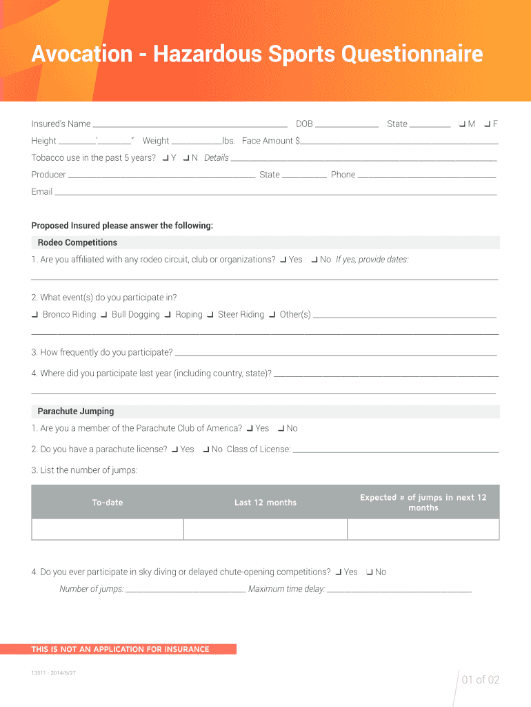 Fillable Online Avocation Hazardous Sports Questionnaire