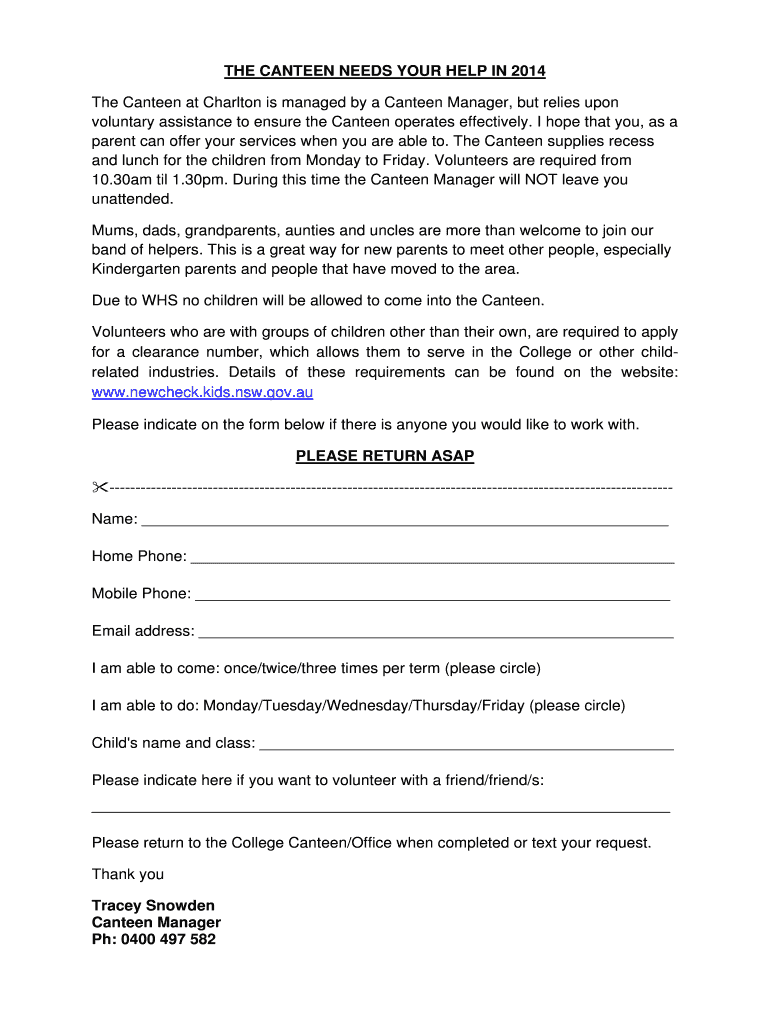 Fillable Online charlton nsw edu 2014 Canteen VOLUNTEER REQUEST